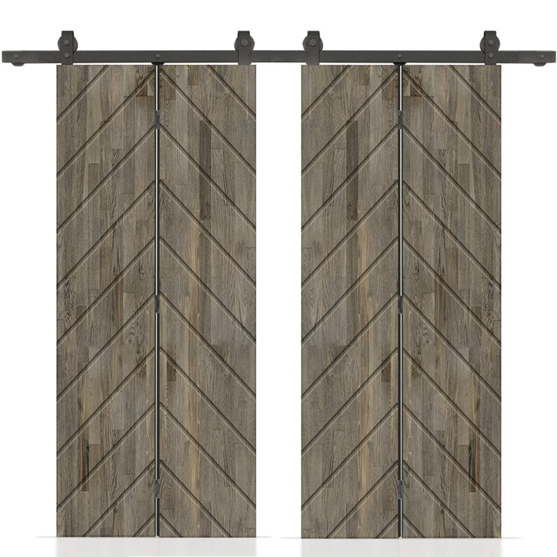Porte de grange double pliante en bois de pin teinté avec quincaillerie coulissante, Gris patiné, 68 po x 80 po