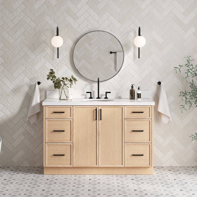 ARIEL Kelly 60 Single Sink Bathroom Vanity with Carrara Quartz Top, Rectangular, Oak, 55"