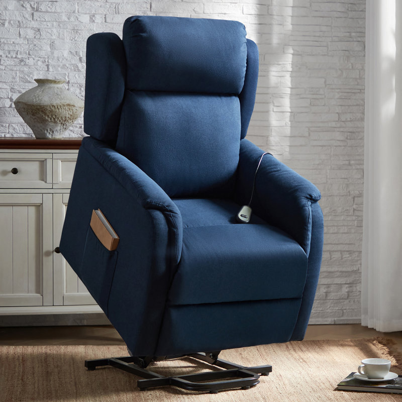 Aleeta 28.3" W Polyester Lift Assist Power Recliner with Side Pocket, Navy