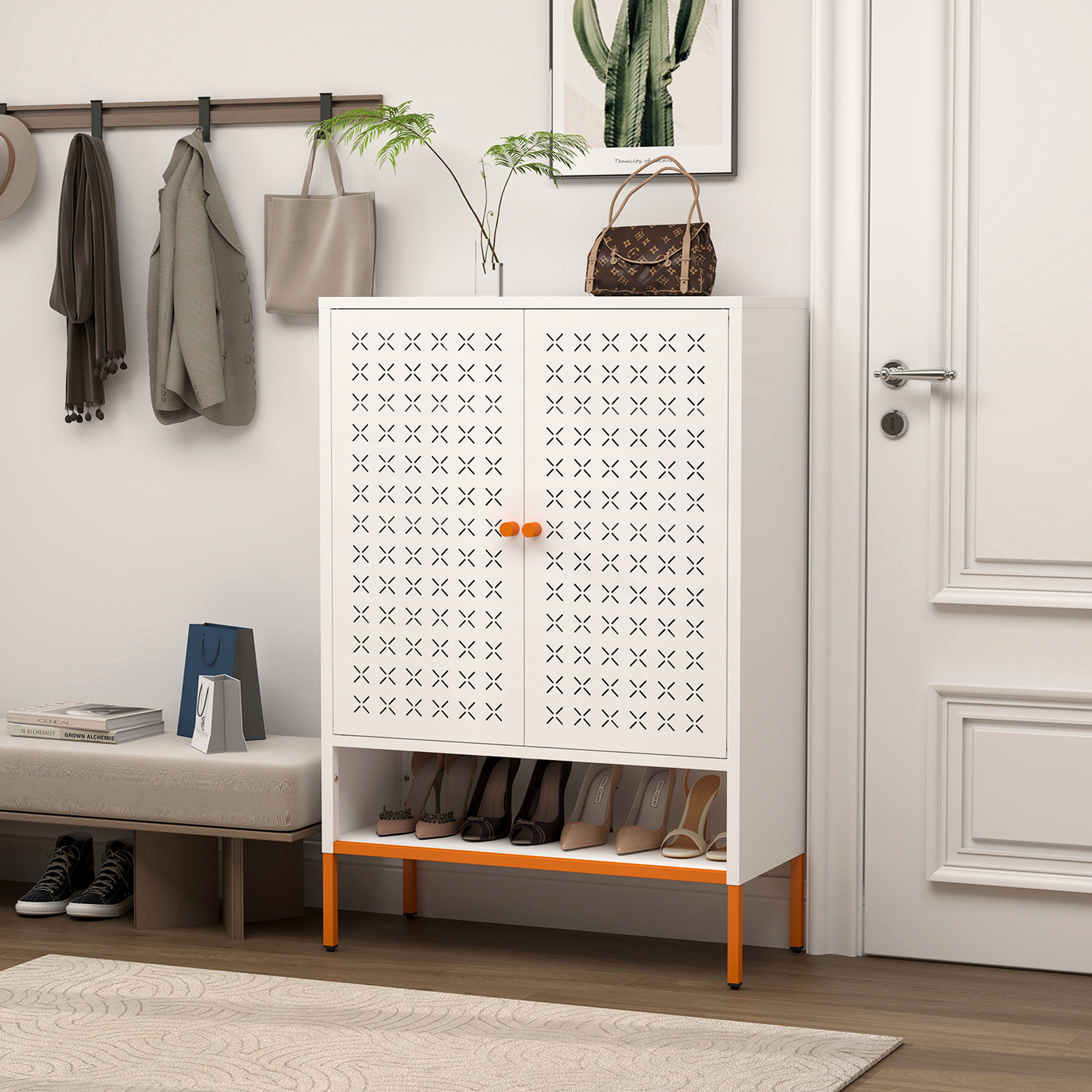 xingguangya White Metal Grid Double Door Shoe Storage Organizer Rack ...