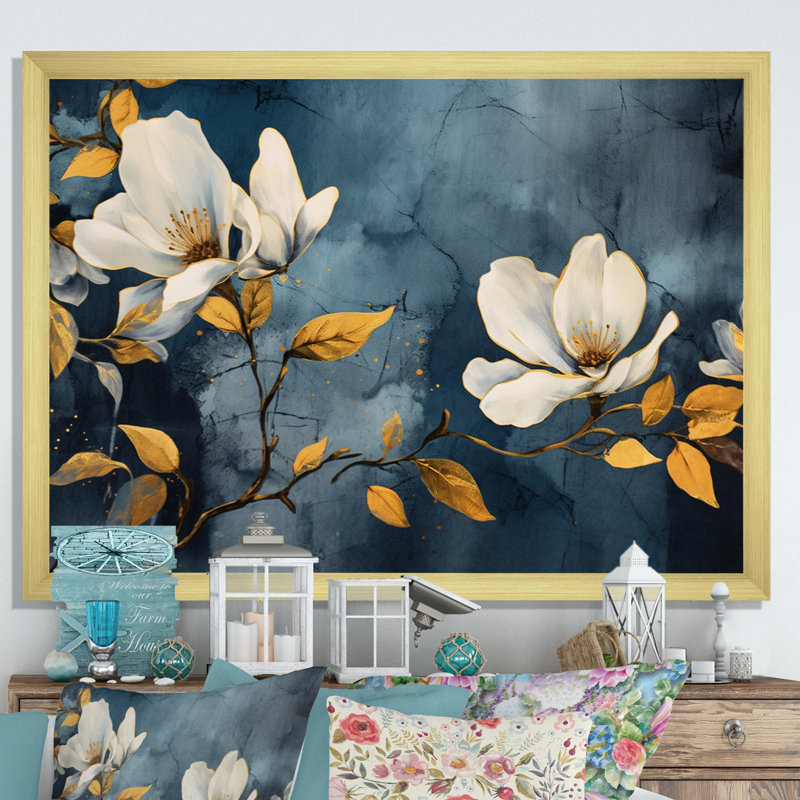 Jaune, gris, magnolia, nature, élégance II, H 24 po x l 32 po x P 1 po, Encadrement doré