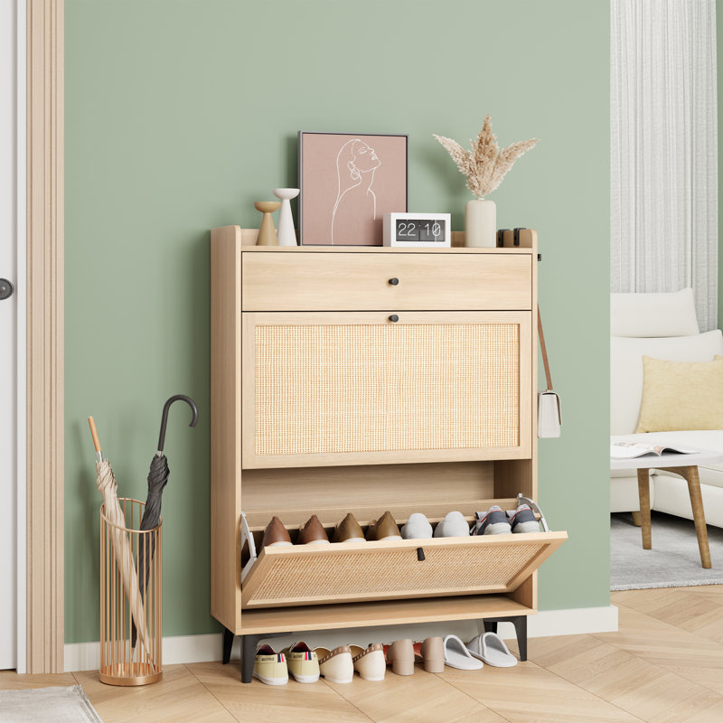 Lilac  Rattan Shoe Storage Cabinet, Natural Wood
