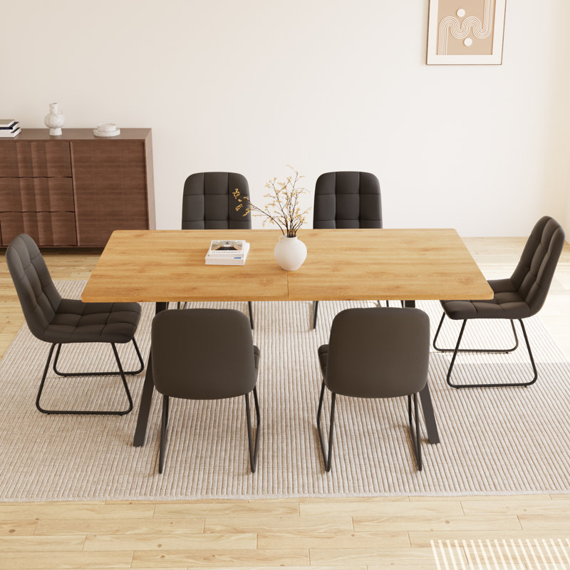 Costner 63" Modern Oak Dining Table Set For Small Spaces, 7-Piece Set With Rectangular Table & 6 Padded Leather Chairs, Compact, Sturdy & Easy To Assemble