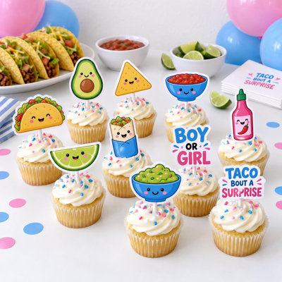 Taco Bout a Surprise Gender Reveal Cupcake Toppers, Boy or Girl Fiesta Food Picks, Set of 10