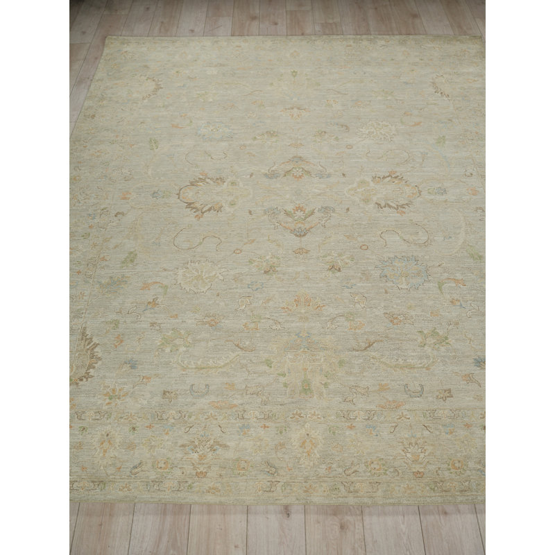 Santorini hand-knotted Wool/Silk Green Area Rug, Light Silver, Rectangle 9' x 12'