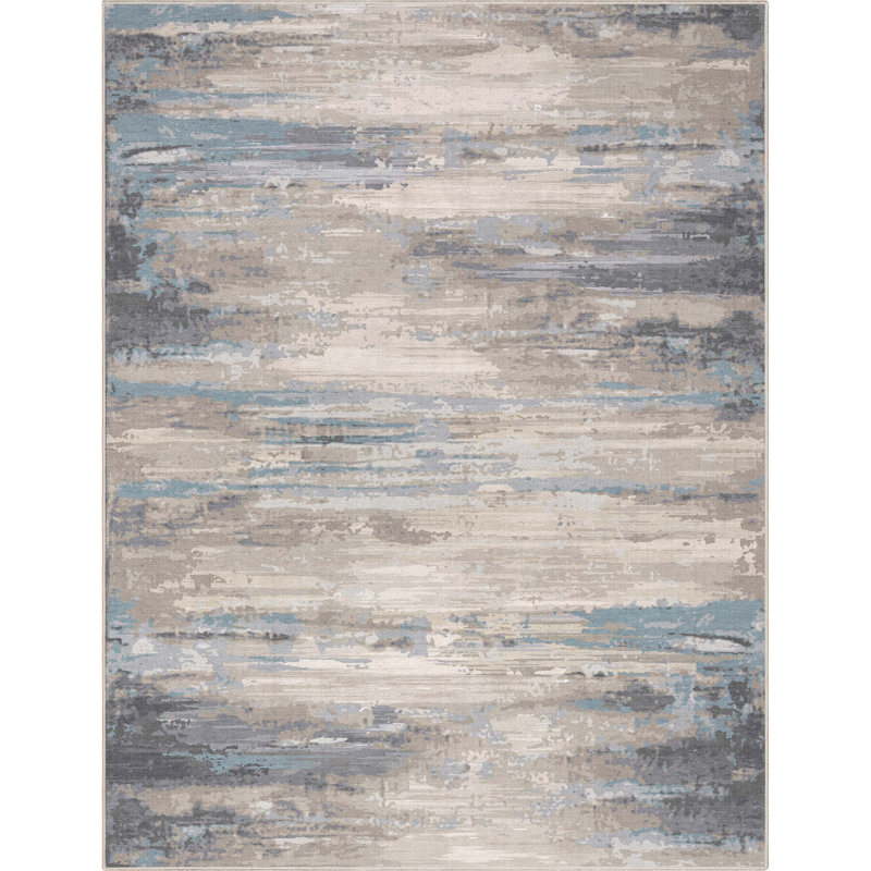 Nuzzo Tuscany Mid-Century Modern Brushstroke Flat-Weave Beige Blue Area Rug, Rectangle 7'7" x 9'10"