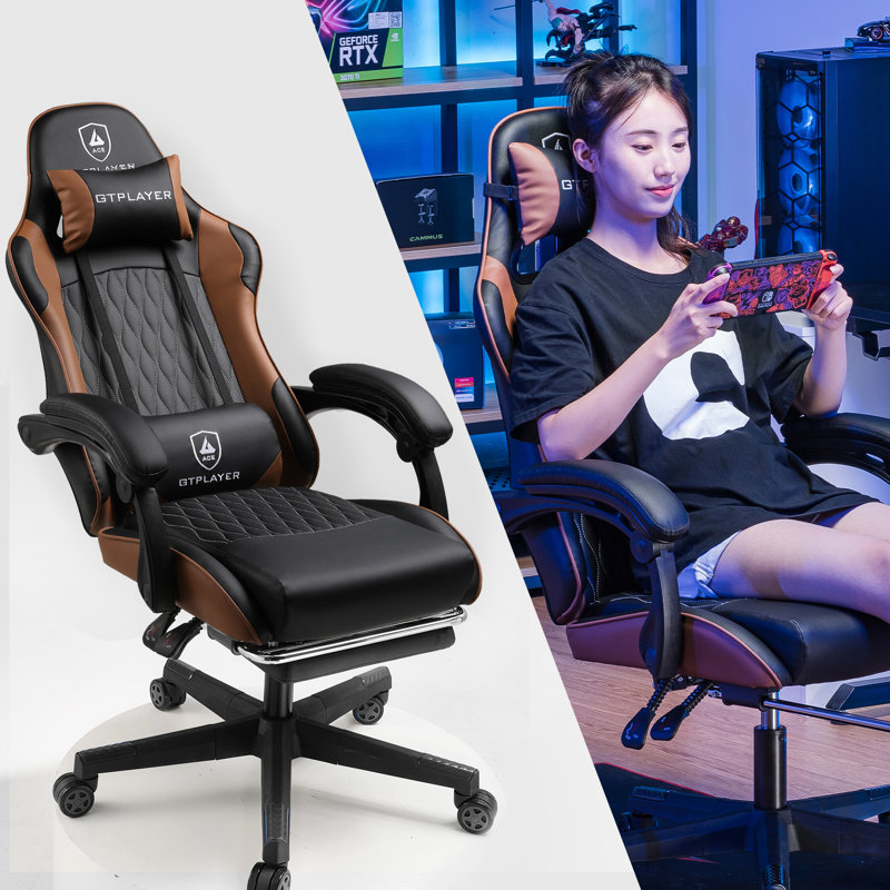 Gaming Chair Spring Cushion, Cow-Spotted Design, Height Adjustable,Headrest,Footrest&Lumbar Support, Black/Brown