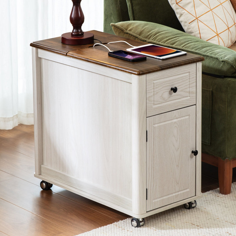Roller End Table With Storage Charging Station Hidden Usb Ports And Outlet, White