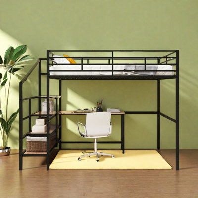 Lit mezzanine double en métal avec bureau intégré et escalier de rangement
