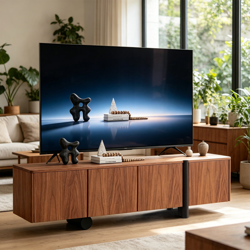 71" Solid Wood TV Stand, Media Console with Storage, Natural Wood Grain,No Assembly Required