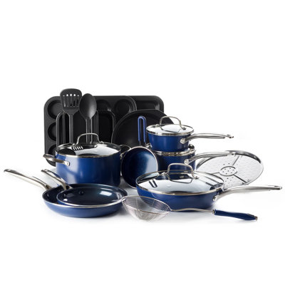 Blue Diamond 20 Piece Cookware and Bakeware Set, Diamond Infused PFOA PFAS-Free Ceramic Nonstick Pots and Pans, Durable Nontoxic Metal Utensil Safe & Scratch Resistant, Dishwasher & Oven Safe