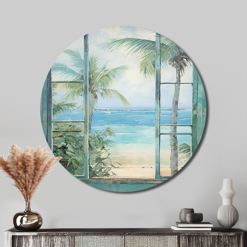 Fenêtre de plage tropicale, horizon I - bord de mer, art en métal rond, H 16 po x l 16 po