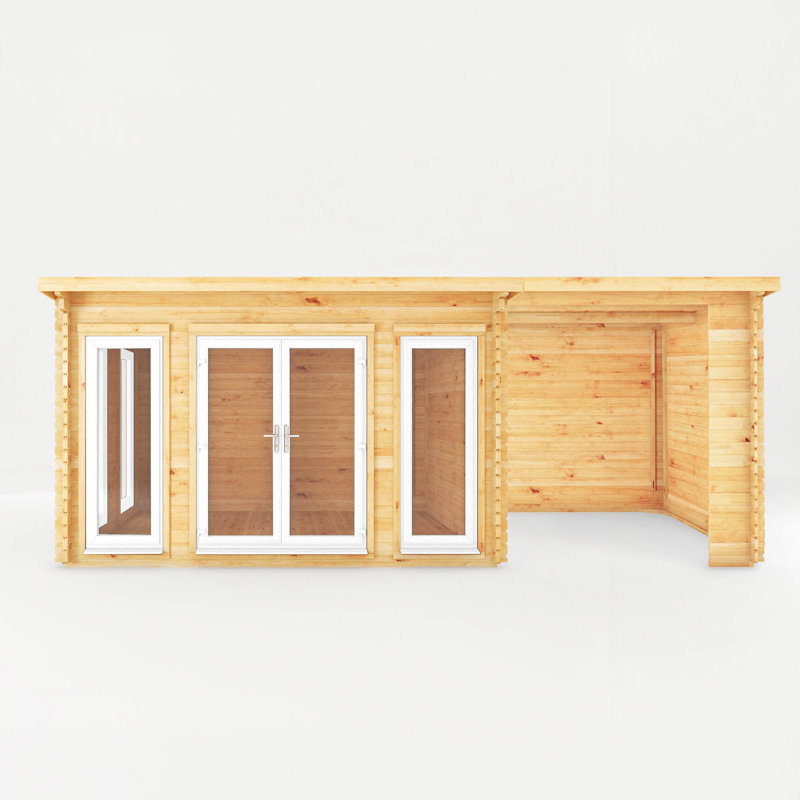 23ft x 10ft Studio Pent Log Cabin With Patio Area With UPVC Windows & Doors (44mm), White/Natural Timber