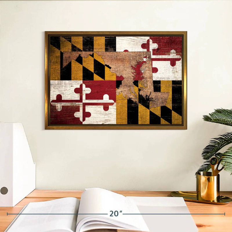 Carte d'État sur le drapeau du Maryland, Cadre flottant doré, 13 po x 9 po