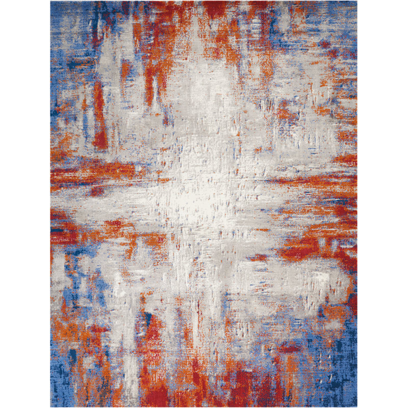 Makela Abstract Ivory/Blue/Red Area Rug, Rectangle 2'3" x 3'