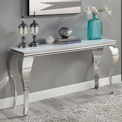 Console contemporaine avec plateau en verre blanc et pieds de style cabriole en acier inoxydable