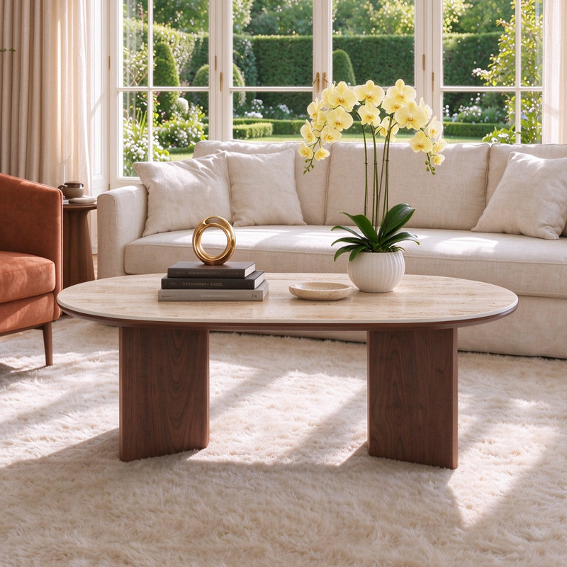 Table basse de 51 po de style moderne Mid-Century brun, plateau de table en pierre frittée beige avec pieds doubles en bois massif