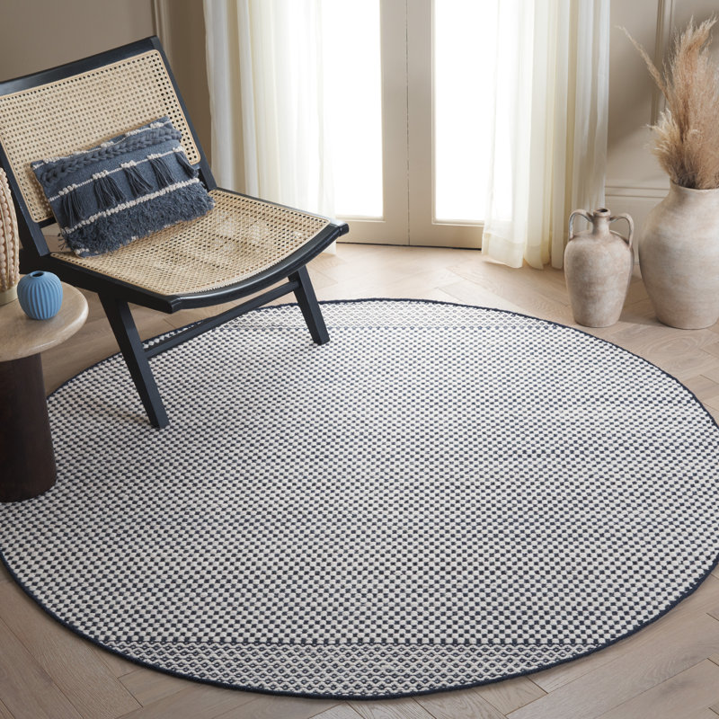 Veropeso Flat Weave Wool/Cotton Geometric Rug in Navy/Ivory/Gray, Round 6'