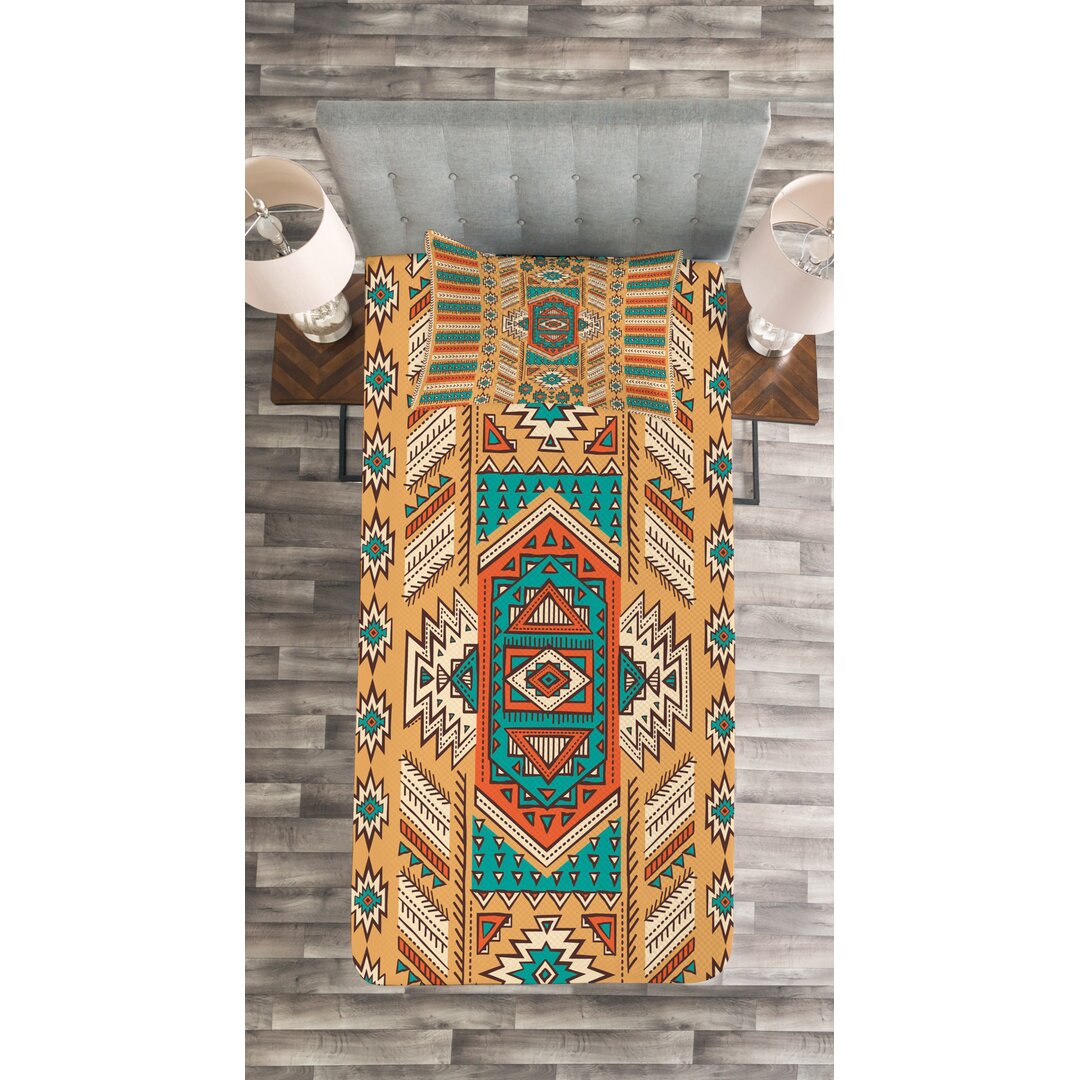 Gestepptes Bettdecken-Set, Bohemian Pattern, aztekisch, Apricot Orange and Teal