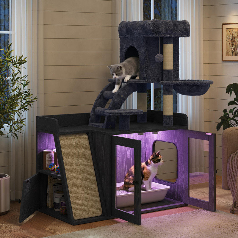 Tour pour chat tout-en-un avec litière cachée, armoire à chat fermée avec rangement latéral et éclairage RVB, noir