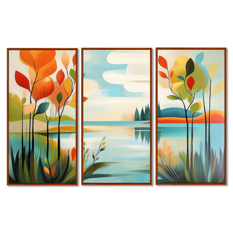 «Orange Summer Breeze Lake Simplicity», ensemble d'art mural forêt, H 32 po x l 48 po, Cadre flottant brun