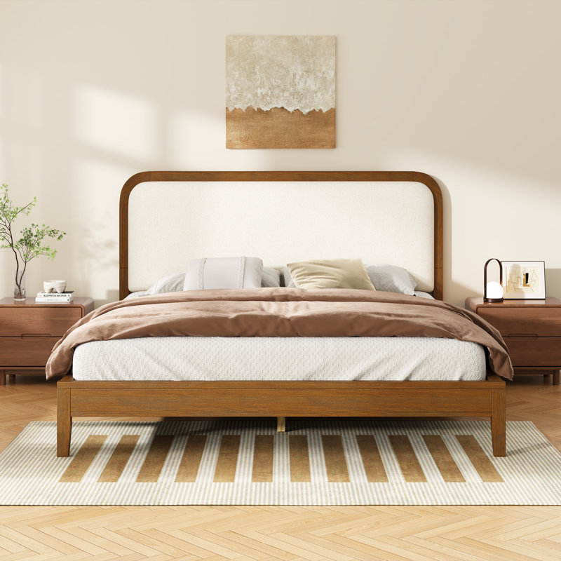 Anna Mid-Century Modern Acacia Wood Platform Bed with Upholstered Headboard, Queen