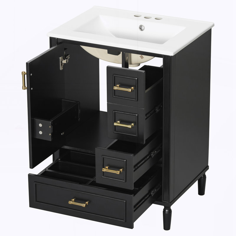 24" Modern Bathroom Vanity with Ceramic Sink, Black