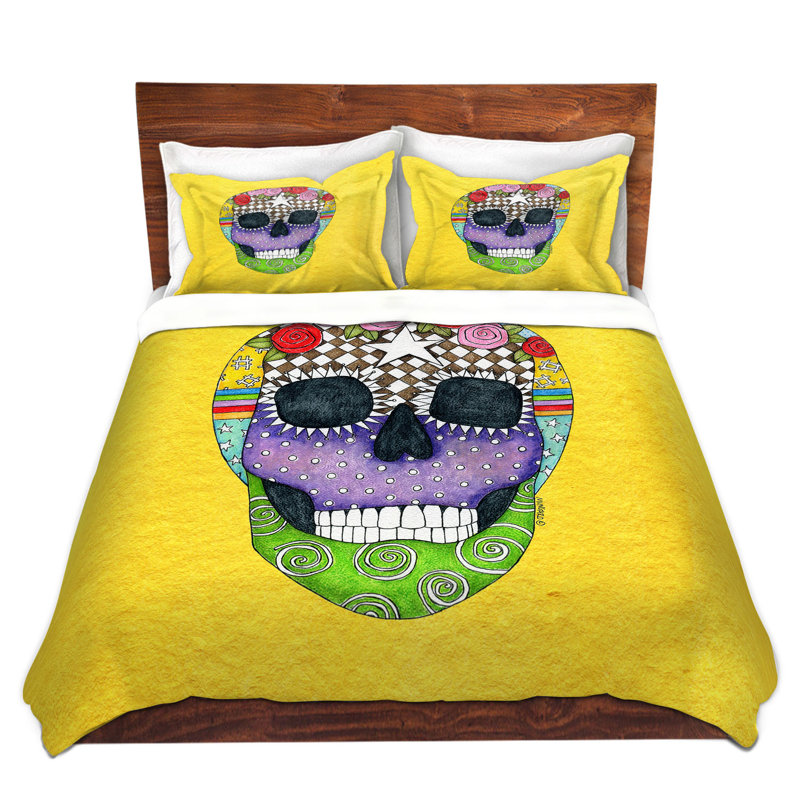 Ensemble de housse de couette Sugar Skull, 1 housse + 2 taies très grand lit, Noir / Vert