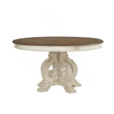 Round Traditional Pedestal Dining Table In Antique White Finish