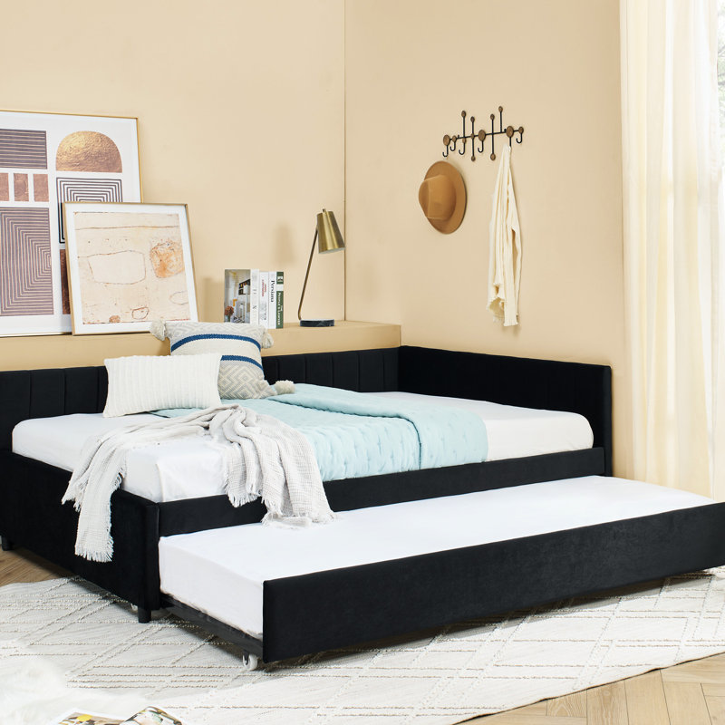 Velvet Black Full Size Upholstered Bed With Trundle, Comfortable Back And Arm Support, Vertical Stripe On , Suitable For Multiple Spaces Bedroom, Easy To Assemble, Strong Eucalyptus Frame Daybed Bed,