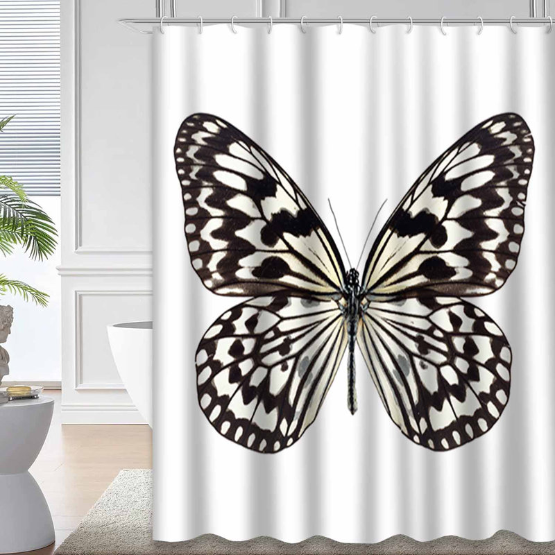 Magnifique rideau de douche papillon noir, blanc et vert avec 12 crochets, L 72 po x l 72 po