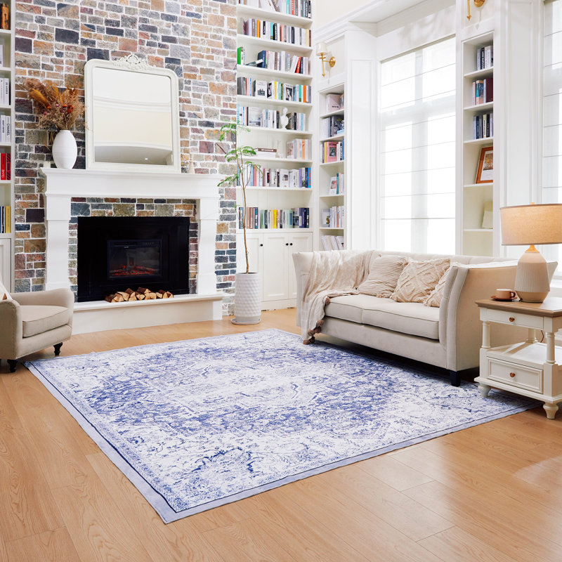 Blue and Gray Silk Washable Traditional Area Rug - 3x5