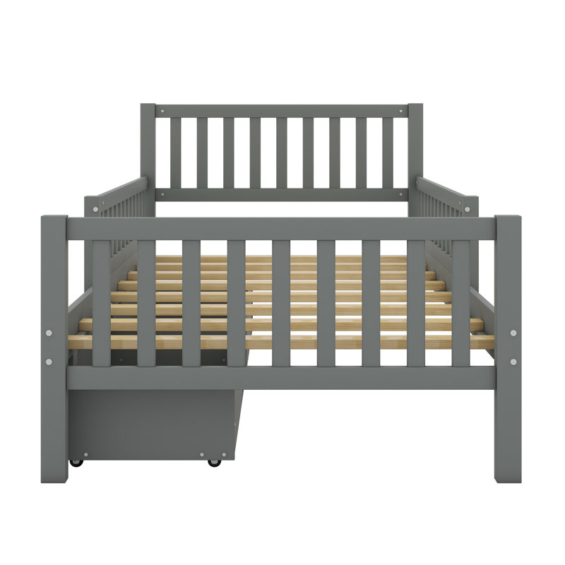 Platform Bed With Guardrails On Both Sides And Two Storage Drawers, Grey, Twin