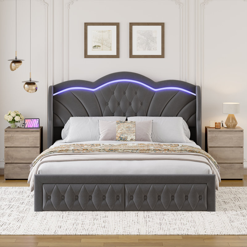 Mouad Velvet Upholstered Bed with Storage and LED Lights, Gray, King