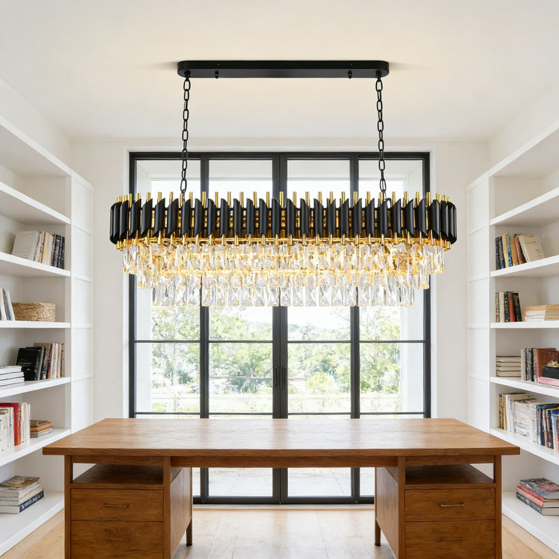 Lustre moderne en cristal linéaire avec cristaux en forme de goutte d'eau, luminaire suspendu encastré noir pour salle à manger, salon, îlot de cuisine, 8 lumières avec chaîne réglable