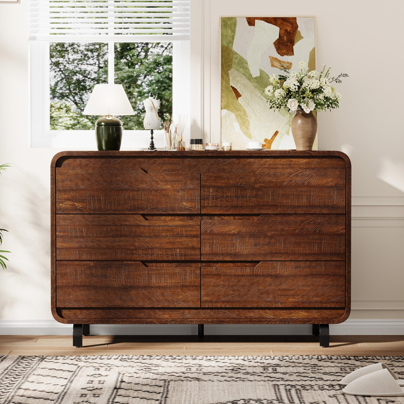 47" Wide 6 Drawer Wood Dresser with Handleless & Detachable Legs, Modern Storage Chest, Walnut