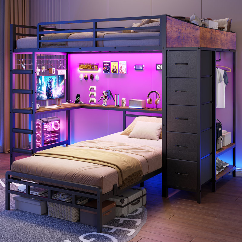 88.2 x 72.8 x 42'' L-Shape Twin Over Twin Bunk Bed with Desk & Hall Tree, Black