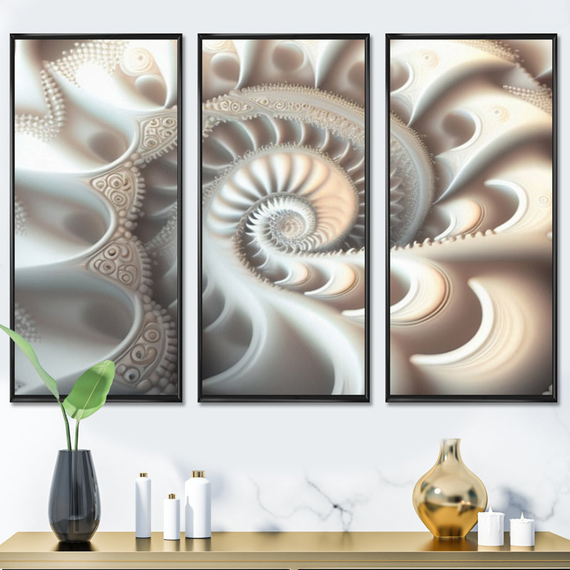 «White Fractal Spiraling II», reproduction sur toile 3 pièces, H 32 po x l 48 po x P 1 po, Toile encadrée noire
