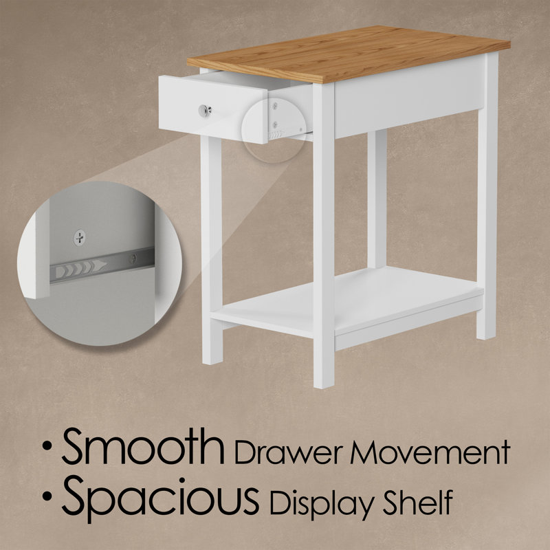 Honey Oak & White Slim Profile Side Table with Drawer & Shelf