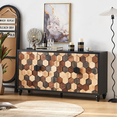 Buffet de rangement vieilli avec motif en nid d'abeille, armoire d'appoint moderne avec portes pour buffet de salon de hall d'entrée