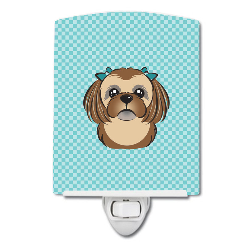 Éclairage de nuit en céramique damier de braque teckel, Bleu, Shih tzu brun chocolat