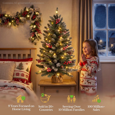 90cm / 3ft Tabletop Pre-lit Mini Christmas Tree with 8-Modes LED Lights, Pine Cones, Berries & Snow Flocked