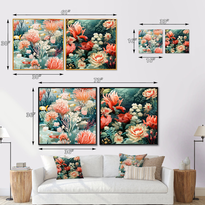 Rosemount Coastal Reef - motif côtier - ensemble de 2 pièces de style collage nautique et côtier, Cadre flottant blanc