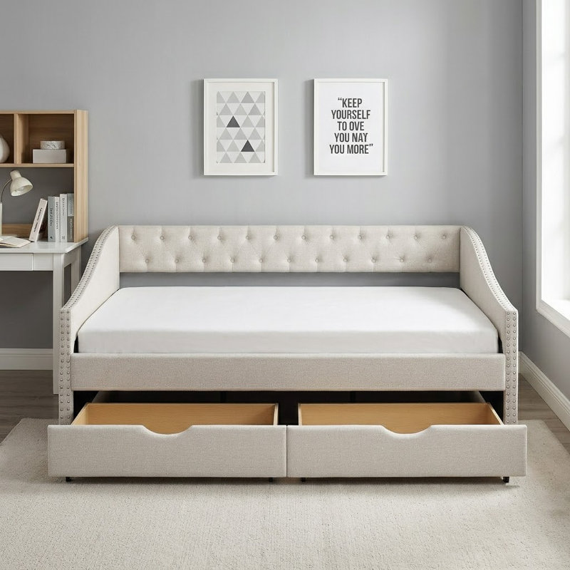 Contemporary Full Size Upholstered Daybed with Tufted Button Accents and Nailhead Trims, Beige