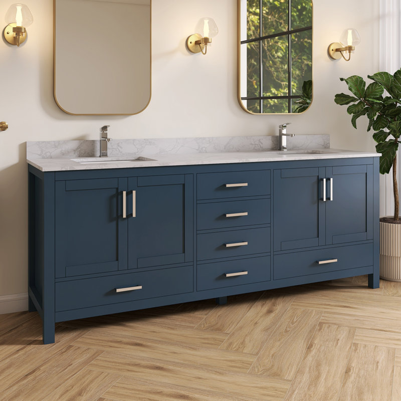 Felix 84'' Fully Assembled Double Bathroom Vanity With Engineered Marble Top and Backsplash, 84", Blue