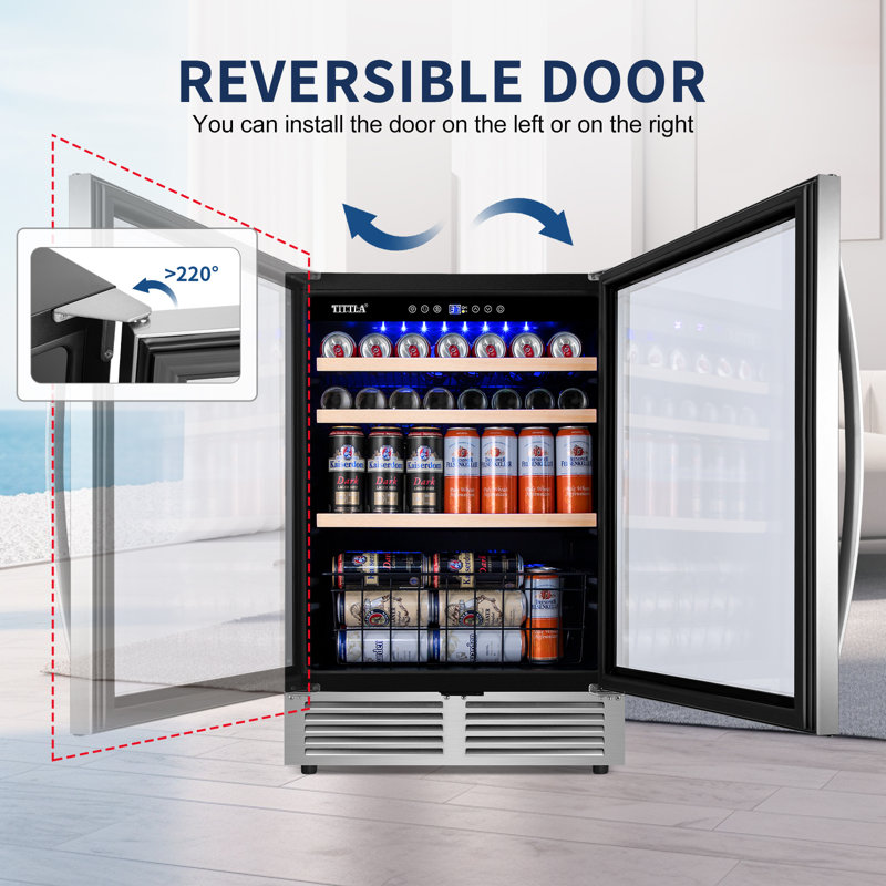 24″ Built-In Beverage Refrigerator, 220 Can Beer & Soda Cooler, Freestanding Drink Fridge with Lock and Reversible Door