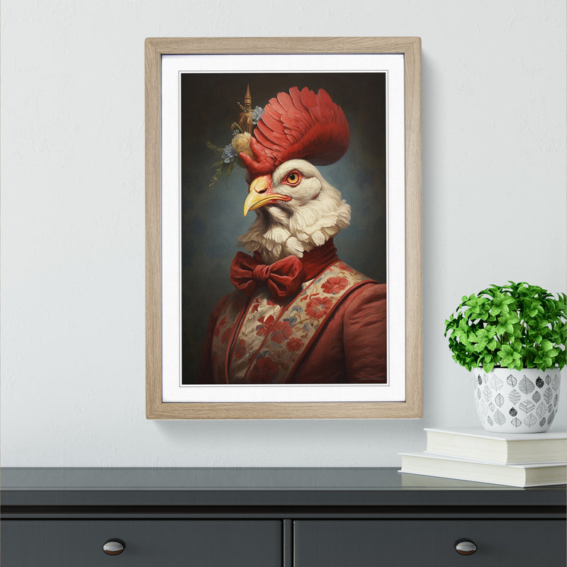 Chicken Romanticism - Single Picture Frame Print on Wood, Oak Framed, 46cm H x 34cm W x 2cm D