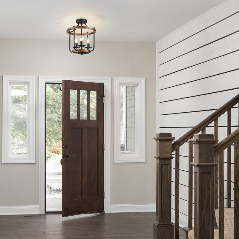 3-light Farmhouse Black Semi Flush Mount, Matte Black/Wood Accents