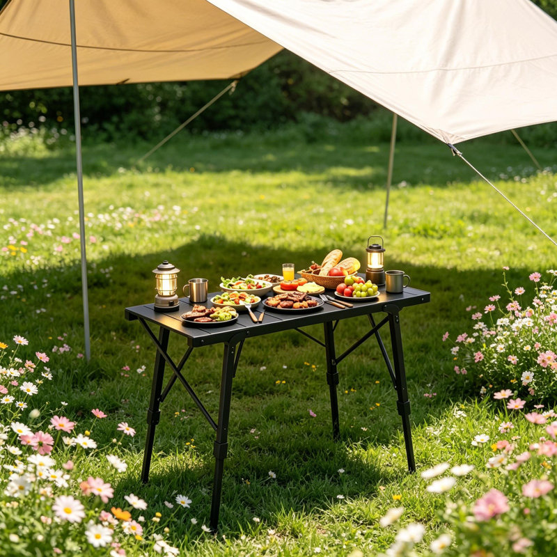 Table d'extérieur réglable en aluminium 35 po L 35 po, table de camping portable pliable, 2 hauteurs 16,5 po / 25,2 po, capacité de 220 lb