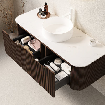 Meuble-lavabo de salle de bain 48 po avec lavabo vasque en céramique blanche, armoire flottante, noyer foncé, 2 tiroirs, comptoir, espace généreux, fermeture en douceur, bassin de rangement, contreplaqué à rayures 3D, glissières de tiroir à fermeture,